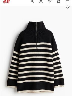 H&M Black & Cream Striped Half-Zip Turtleneck Sweater